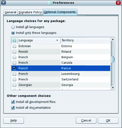 image:Gestionnaire de packages : Composants facultatifs