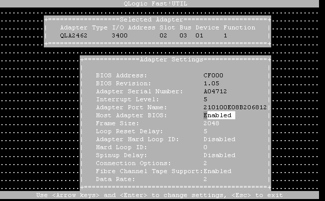 image:Boîte de dialogue du BIOS de l'adaptateur de bus hôte QLogic Corporation Inc. Cette boîte de dialogue montre la sortie de la commande luxadm display.