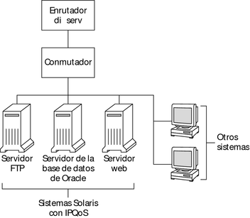 image:El diagrama de distribución muestra una red local con un enrutador Diffserv y tres sistemas con IPQoS: Servidor FTP, servidor de base de datos y servidor web.