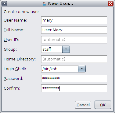 image:次の図に、ユーザーマネージャー GUI の「新規ユーザー」ダイアログボックスを示します。ここに新しいユーザー情報が追加されます。