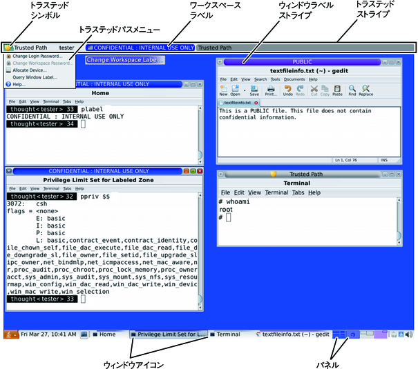 image:画面は、ウィンドウ上のラベル、トラステッドストライプ、トラステッドシンボル、トラステッドパスメニュー、現在のユーザー、ワークスペースとウィンドウのラベル、および下部パネルを示しています。