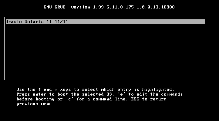 image:新しい Oracle Solaris エントリを表示する GRUB 2 メインメニューの図。