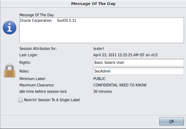 image:창에 사용자의 마지막 로그인 날짜 및 시간, Message Of The Day(오늘의 메시지) 및 세션 속성이 표시됩니다. 단일 레벨 세션 버튼이 표시됩니다.