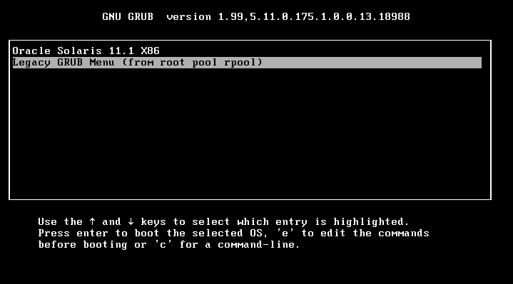 image:이 그림은 업그레이드된 시스템의 GRUB 2 기본 메뉴에 있는 GRUB 레거시 하위 메뉴 항목을 보여 줍니다.