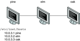 image:이 그림에서는 pine, elm 및 oak 시스템을 보여 주며, 해당 IP 주소가 pine에 나열되어 있습니다.