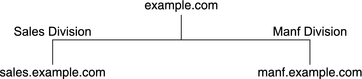 image:이 다이어그램에서는 example.com과 서브넷 2개의 설명이 포함된 이름을 보여 줍니다.