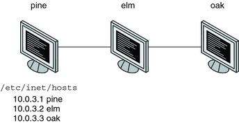 image:图中显示了 pine、elm 和 oak 计算机，以及 pine 中列出的各自的 IP 地址。