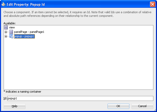 Edit Property for Popup Id Dialog