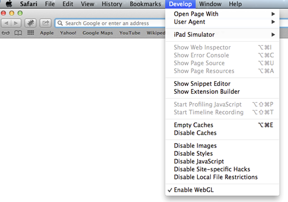 Using Develop Menu on Safari Brower