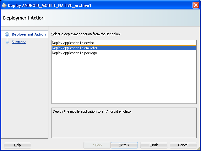 Selecting Deployment Action for Android