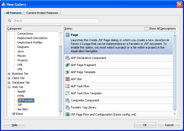 JSF category and JSF Page item are selected