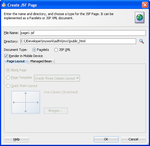 The Create JSF Page dialog box.