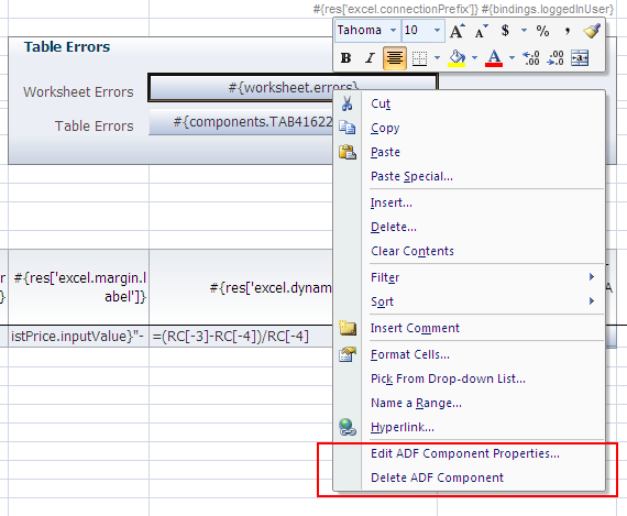 Context Menu Options of the ADF Output Text Component