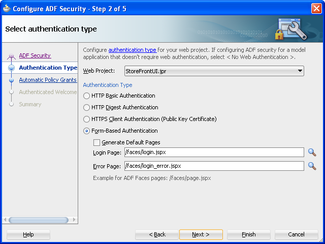 Authentication type page of the ADF Security wizard