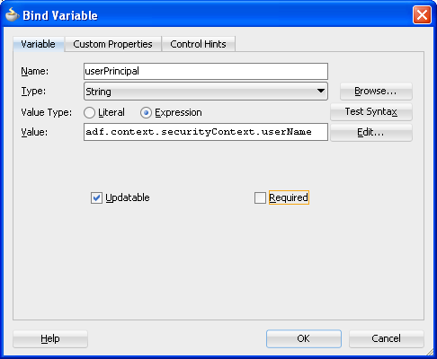 Bind Variable dialog with user name expression