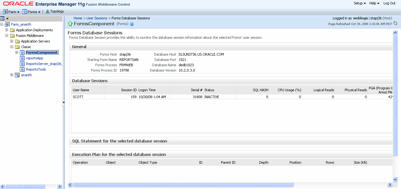 Database Sessions page