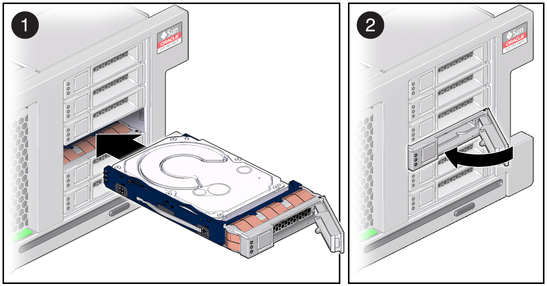 image:A multistep illustration showing how to install a storage drive in the server.