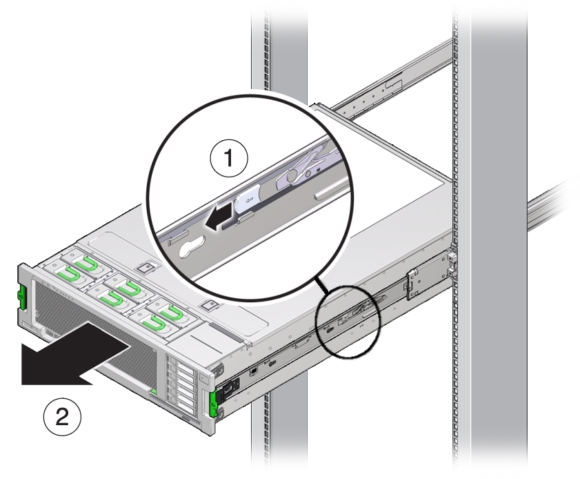 image:An illustration showing the two-step process for removing the server from the rack.