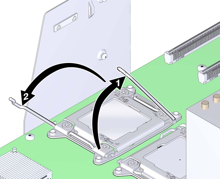 image:An illustration showing the opening of the CPU load plate using the release levers.