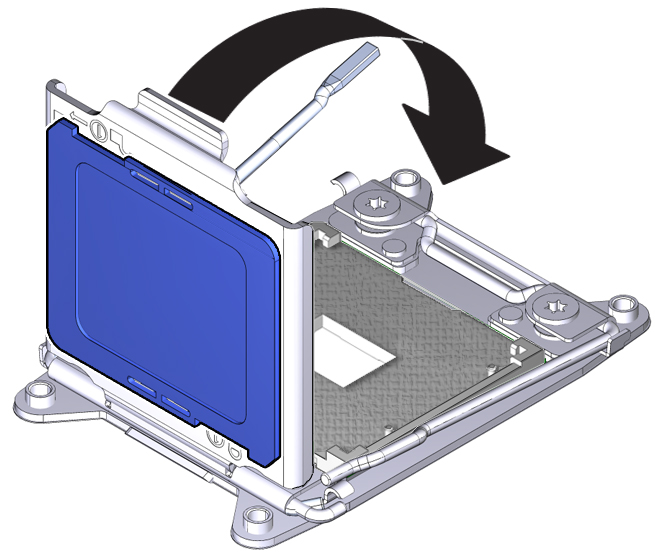 image:an illustration showing the closing of the load plate with the CPU cover attached.