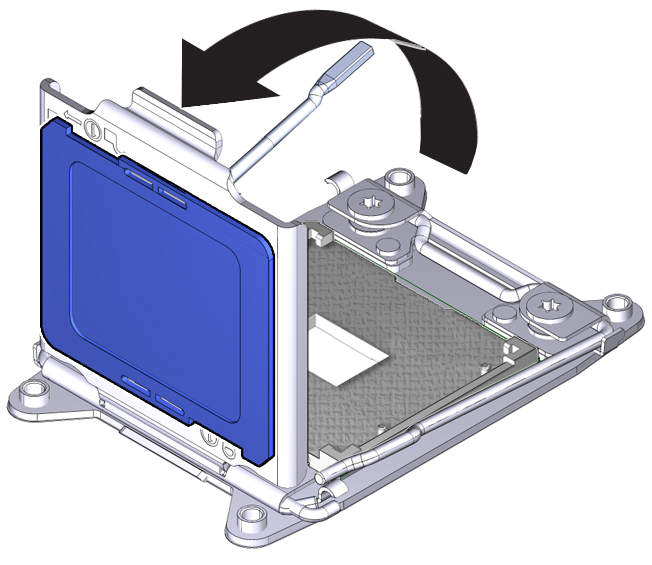 image:An illustration showing an open CPU load plate with the CPU cover attached.