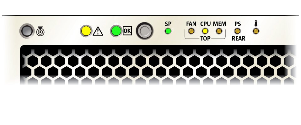 image:An illustration showing the front panel indicators lit for a failed CPU.