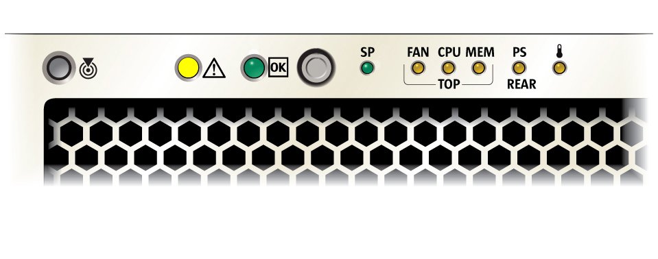 image:An illustration showing the front panel indicators lit for a failed service processor.
