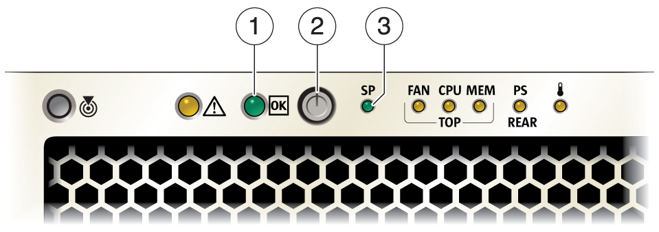 image:Graphic showing the front panel with callouts numbers to the                                 power button and indicators.