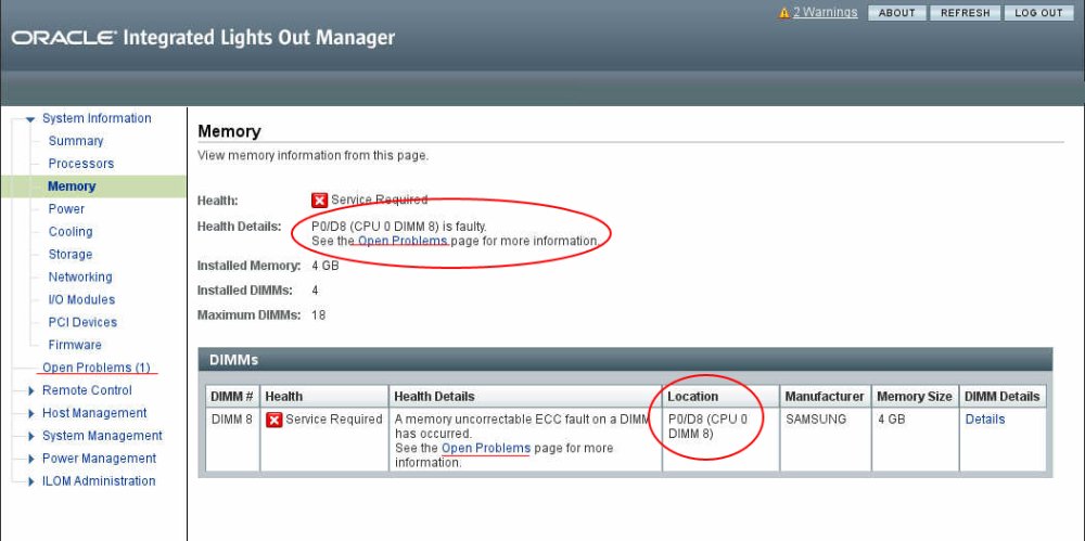 image:A screen capture of the Oracle ILOM Memory subsystem screen.