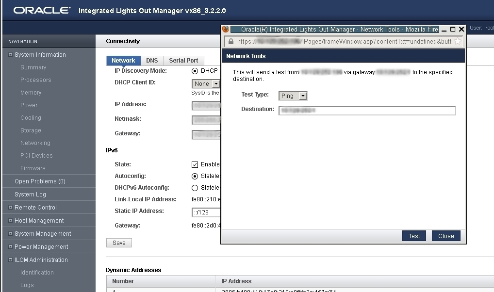 image:This is an image of the Network Configuration Test screen, from which you can issue a Ping or Ping6 test.