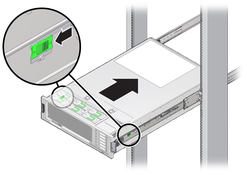 image:An illustration showing how to insert the server into the rack.