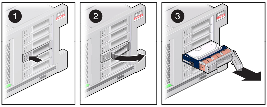 image:A multistep illustration showing how to remove a storage drive from the server.