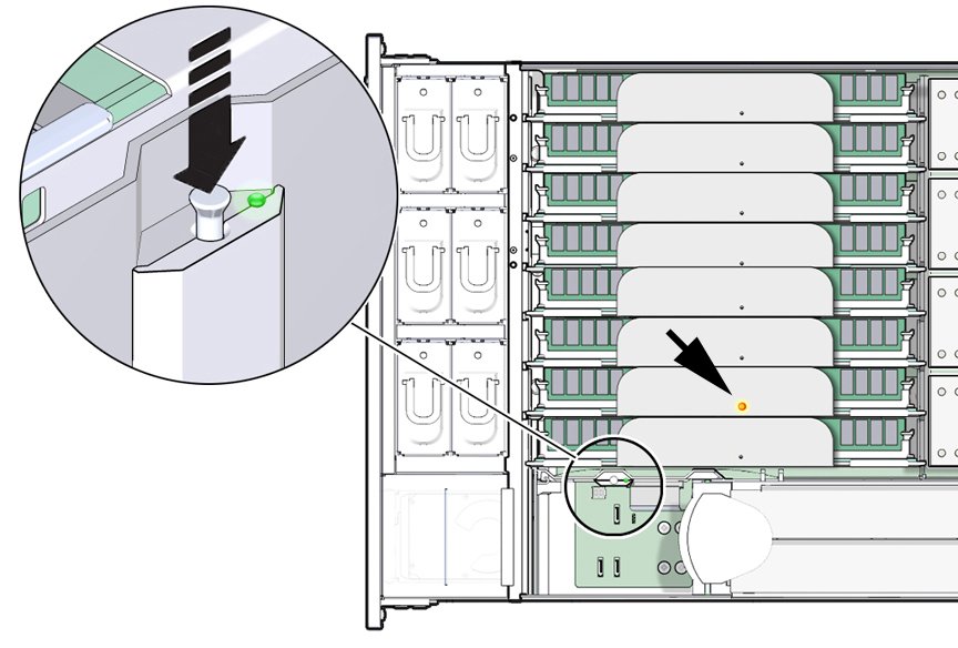 image:An illustration showing the lit Fault indicator for                                         memory riser card, P0/MR1.