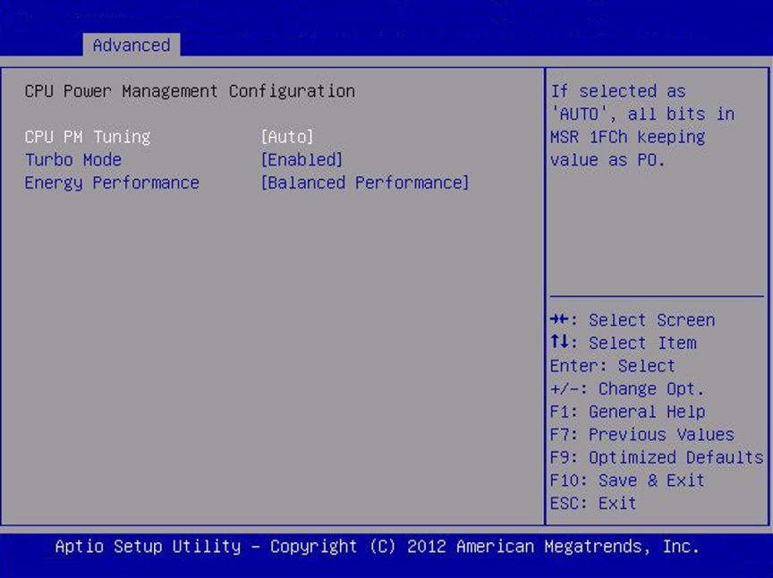 image:Screen capture showing the CPU Power Management Configuration screen.