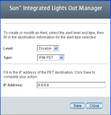 image:Dialog box showing Oracle ILOM alert settings