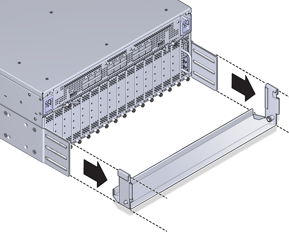 image:Figure shows the module retention bracket is removed by                                     sliding it off the cabinet's rear brackets.