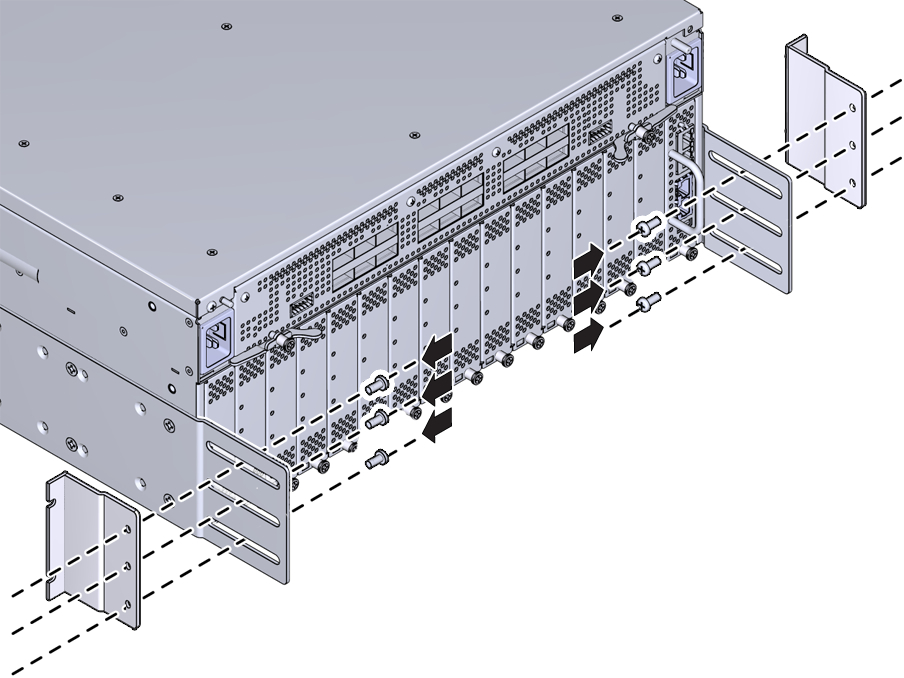 image:Figure shows the angle brackets attach to the outer sides                                     of the side panels with three screws each.