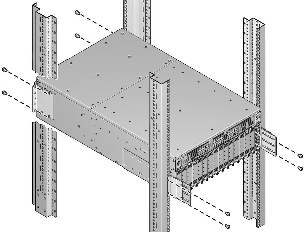 image:Figure shows the angle brackets on the chassis attach to                                     the vertical rack rails with two or four screws.
