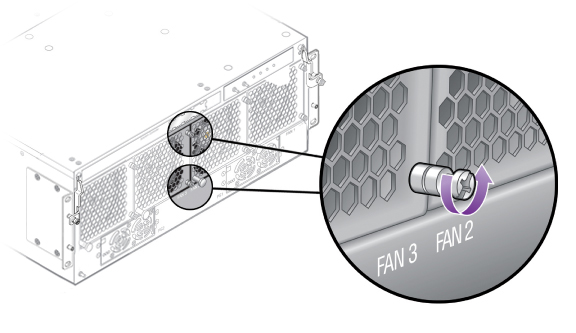 image:Figure shows the two captive screws are turned                                     counterclockwise to release the fan module.