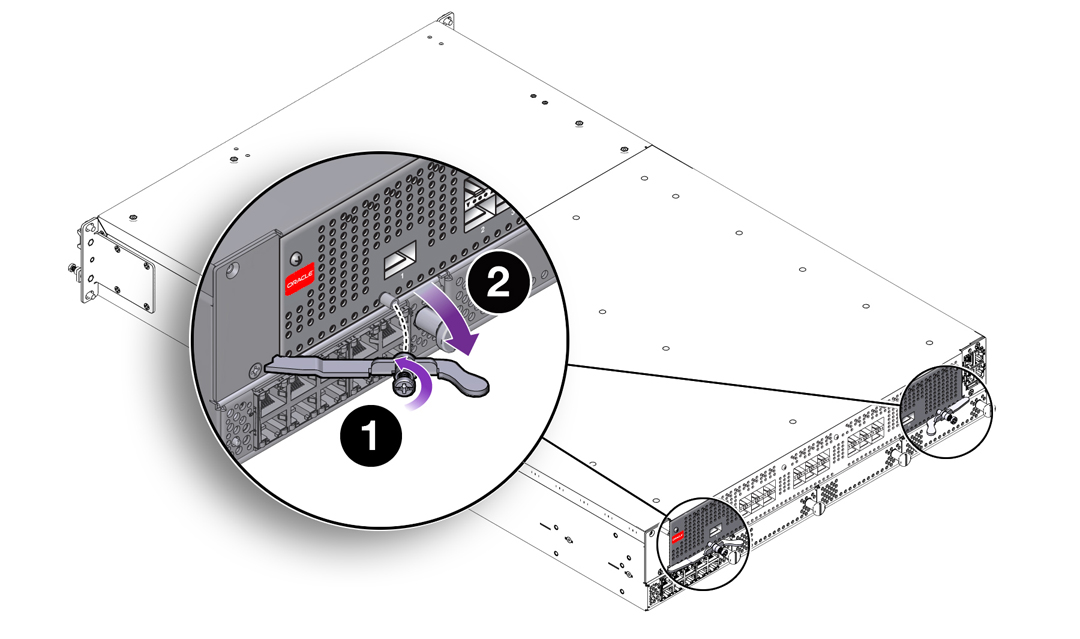 image:Figure shows the captive screws turn counterclockwise to                                     loosen and then the hinged release levers are pulled open.