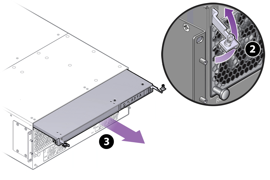 image:Figure shows the release levers open 90 degrees. The Front                                     Panel Assembly pulls straight out.