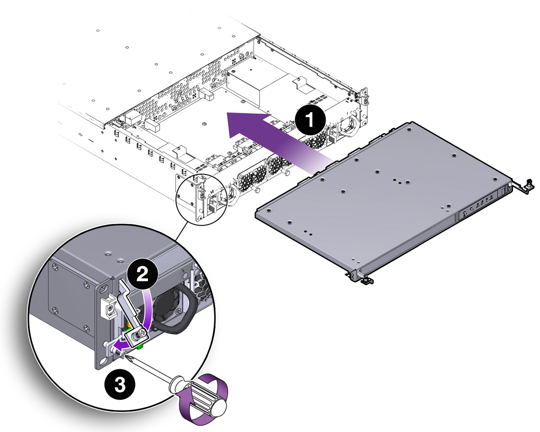 image:Figure shows the assembly inserts straight in. Lower the                                     lever arms and tighten the captive screws clockwise.