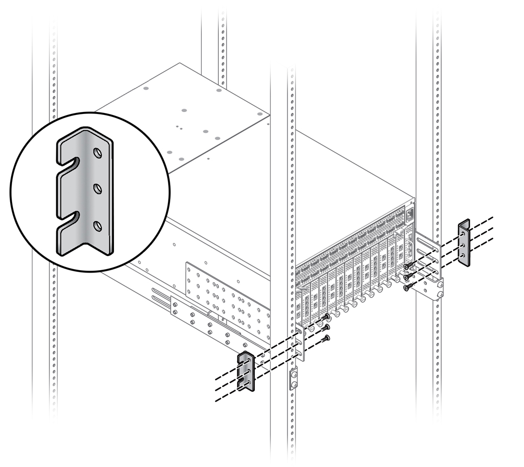 image:Figure shows each angle bracket attaches to side panels                                     with three screws each.