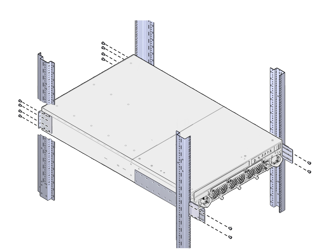 image:Figure shows inserting screws through the angle bracket and into the rack posts.