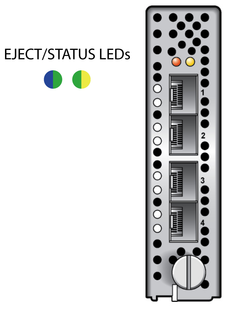 image:Figure shows locations of the Eject and Status LEDs on the 4-Port 10 Gigabit Ethernet Module.