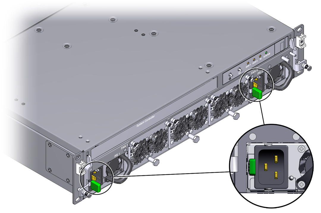 image:Figure shows two power supplies at the lover left and right sides of the chassis.
