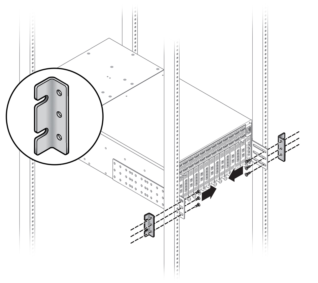 image:Figure showing screws for the 27-inch Sun/Oracle rack's                                     angle brackets being removed.