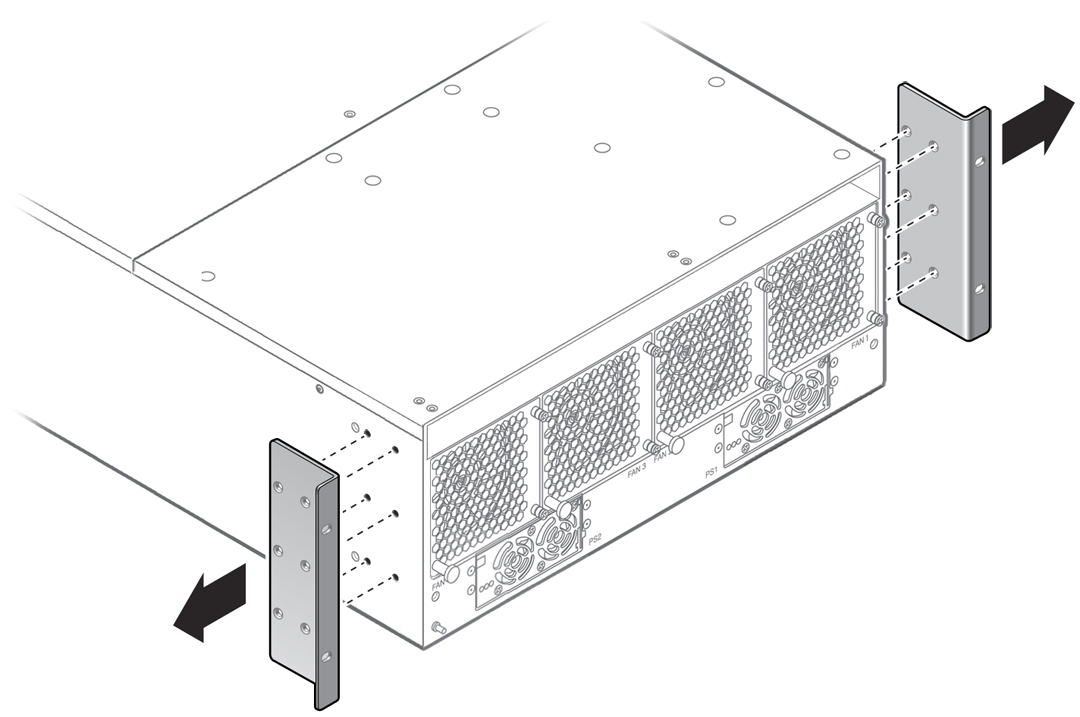 image:Figure showing Oracle Fabric Interconnect out of the equipment                                 rack, and old mounting brackets being removed.
