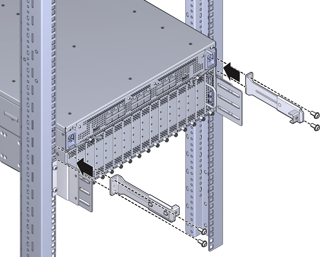 image:Figure shows the CMA rails attach to the rack rails, above the side panels and angle brackets.