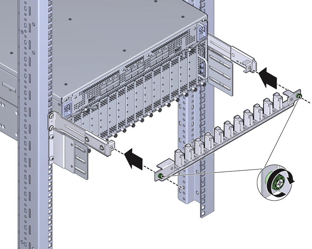 image:Figure shows the CMA comb slides onto the ends of the CMA rails, with one captive screw on each side.